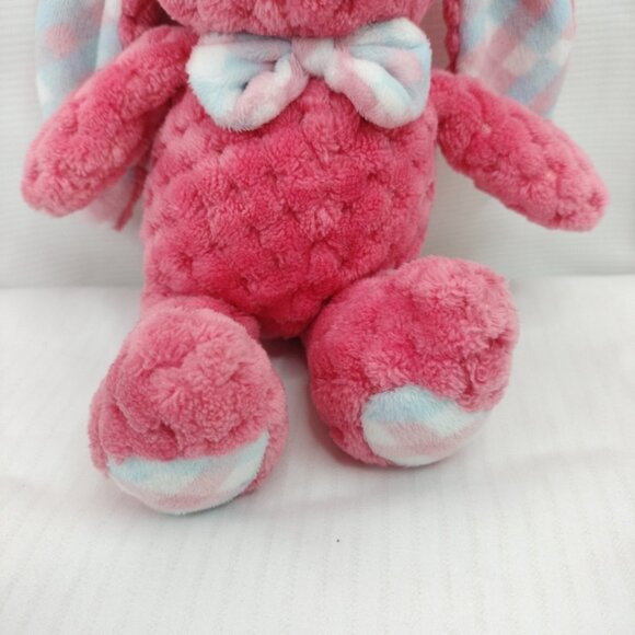 10" Kellytoy PINK Quilted Chenille BUNNY Rabbit Plush with Plaid Ears & Bow tie - Picture 6 of 13